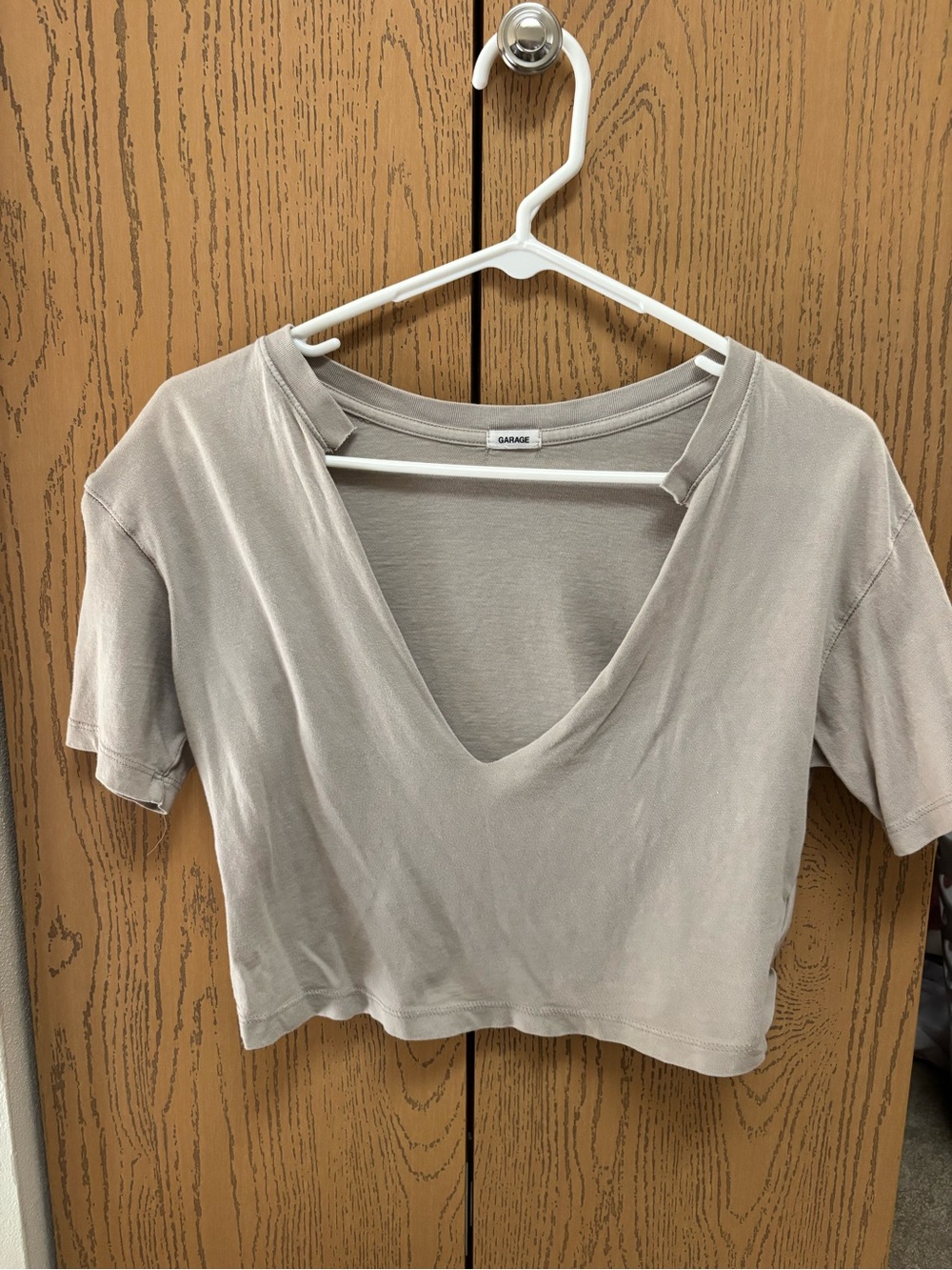 Garage Deep V-Neck Crop Top in Light Taupe